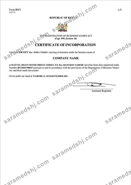 Kenya certificate of incorporation Word and PDF template, version 2